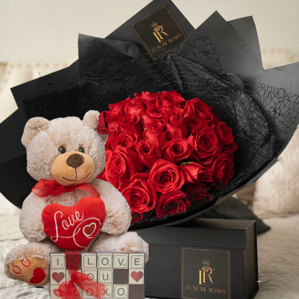 Teddy bear with roses and chocolates deals