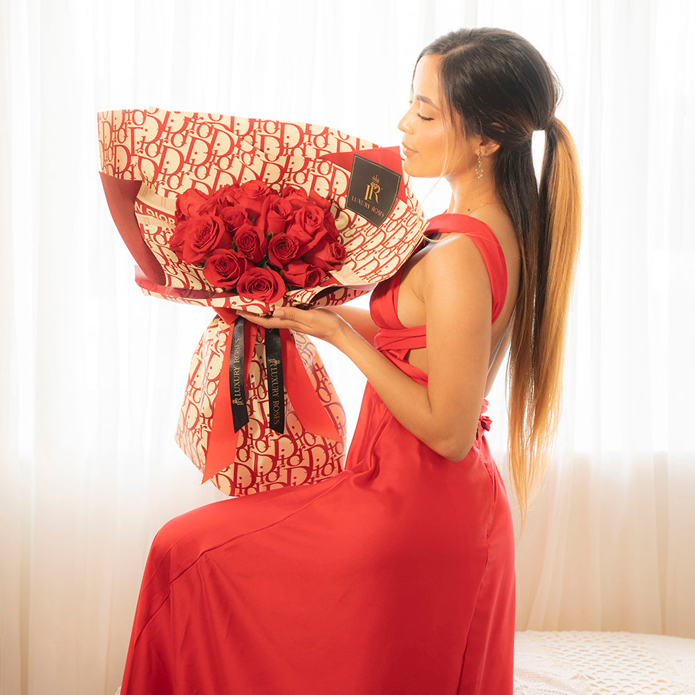 RED ROSES BOUQUET - RED DIOR WRAPPING -