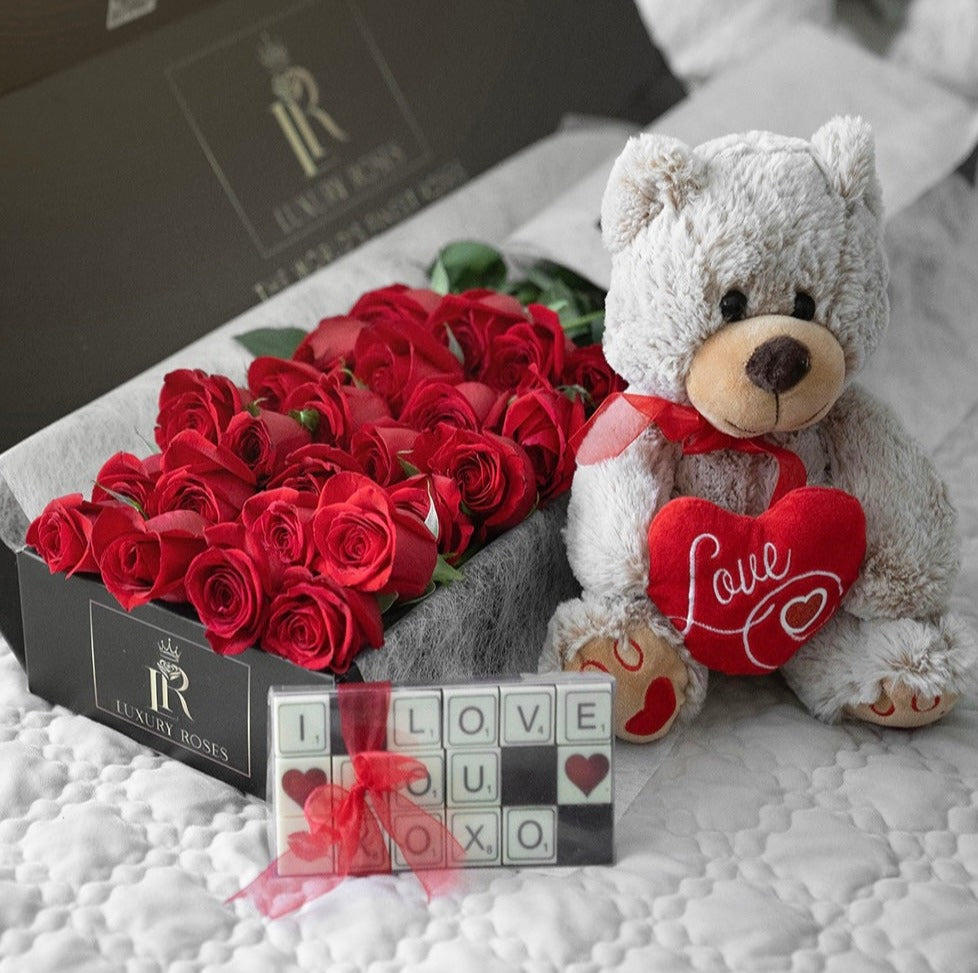 VALENTINE'S DAY RED ROSES LUXURY BOX, TEDDY & CHOCOLATE