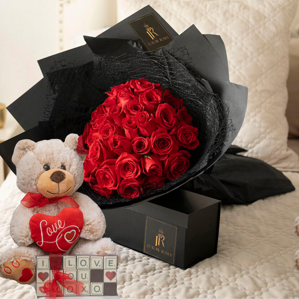 RED ROSES TEDDY & CHOCOLATES