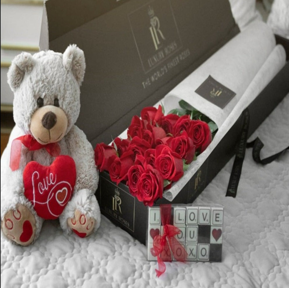 VALENTINE'S DAY RED ROSES LUXURY BOX, TEDDY & CHOCOLATE