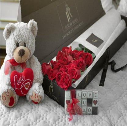 VALENTINE'S DAY RED ROSES LUXURY BOX, TEDDY & CHOCOLATE