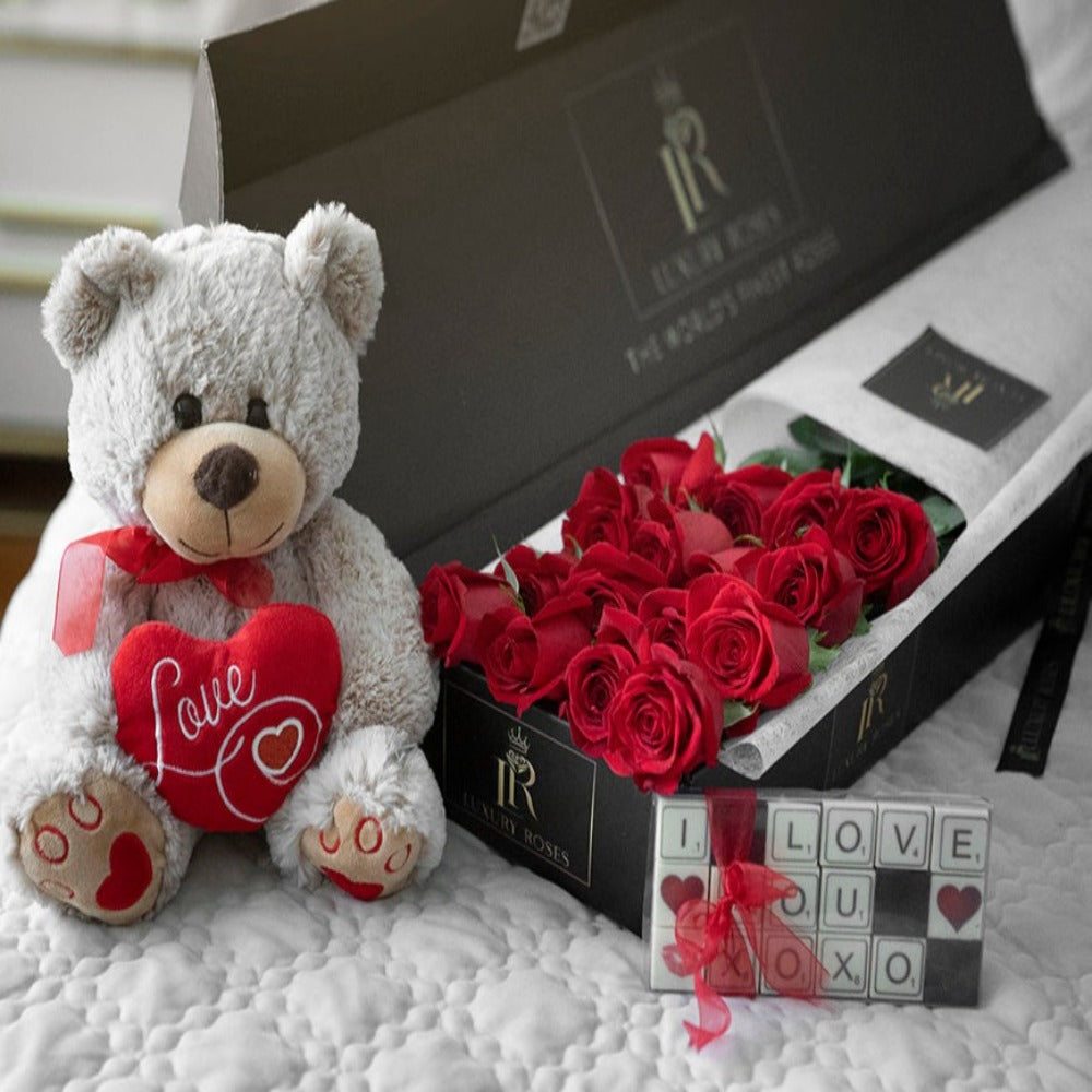 RED ROSES LUXURY BOX, TEDDY & CHOCOLATE